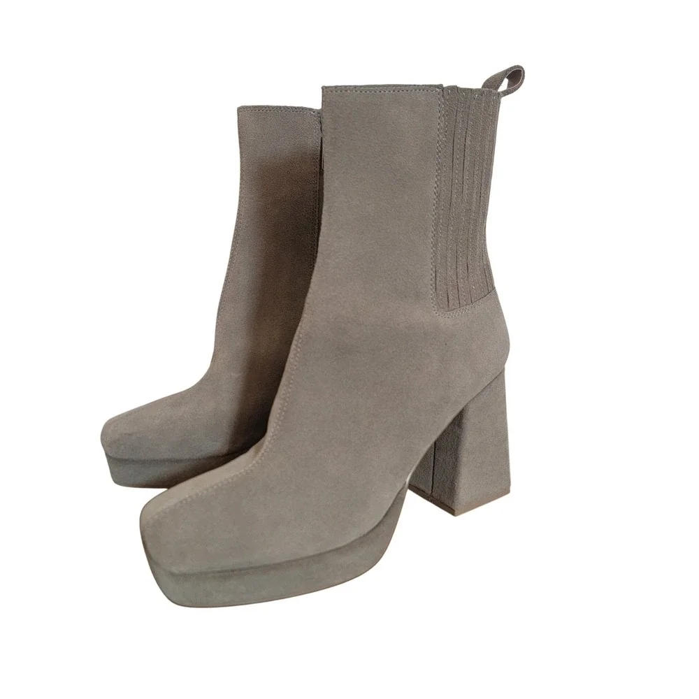 Blondo Rozalie Square Toe Block Heel Leather Suede Ankle Zip Boot 9.5 Waterproof